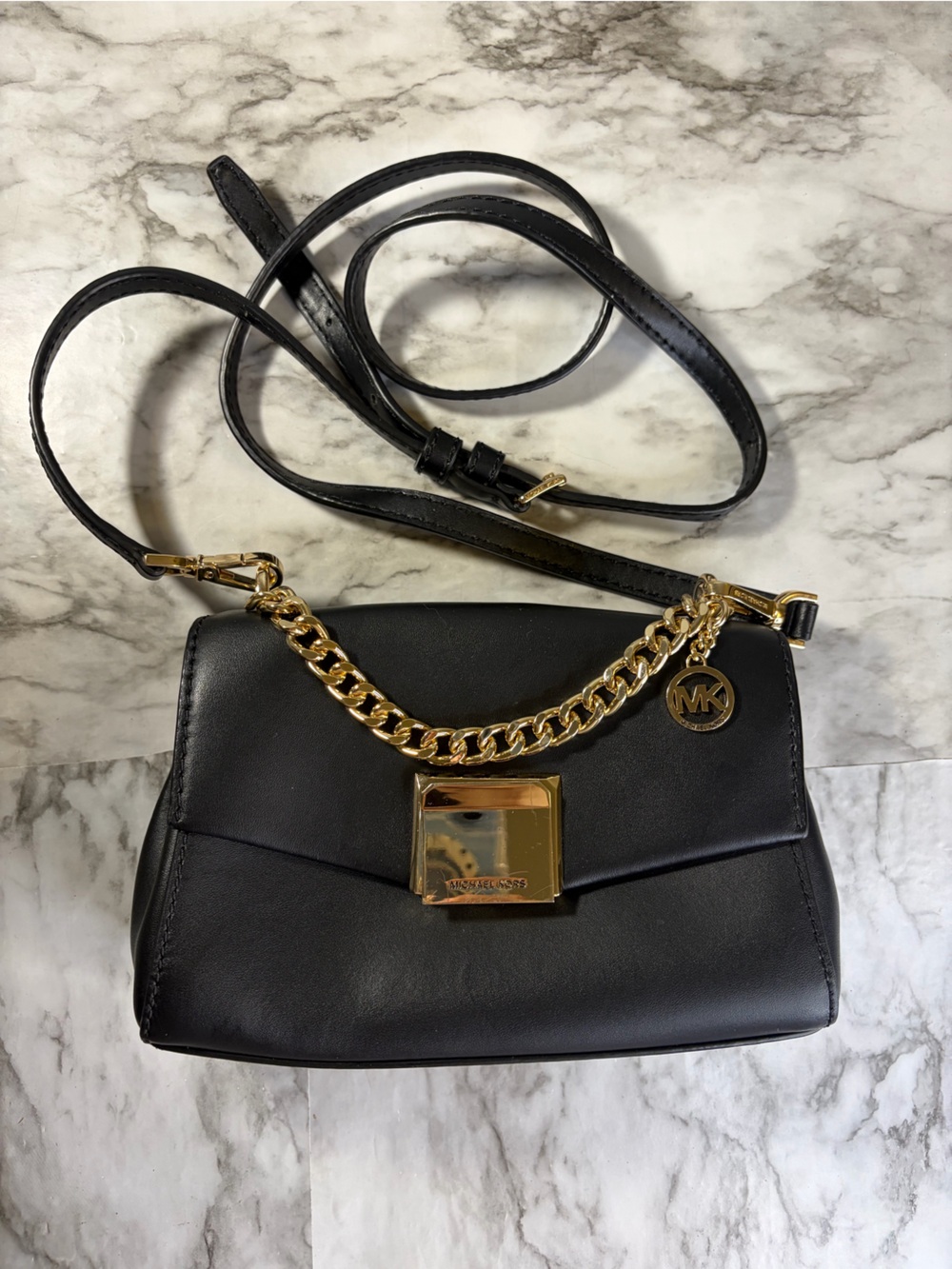 Michael Kors Small Black Leather Crossbody Lita Bag with Gold Chain Accent